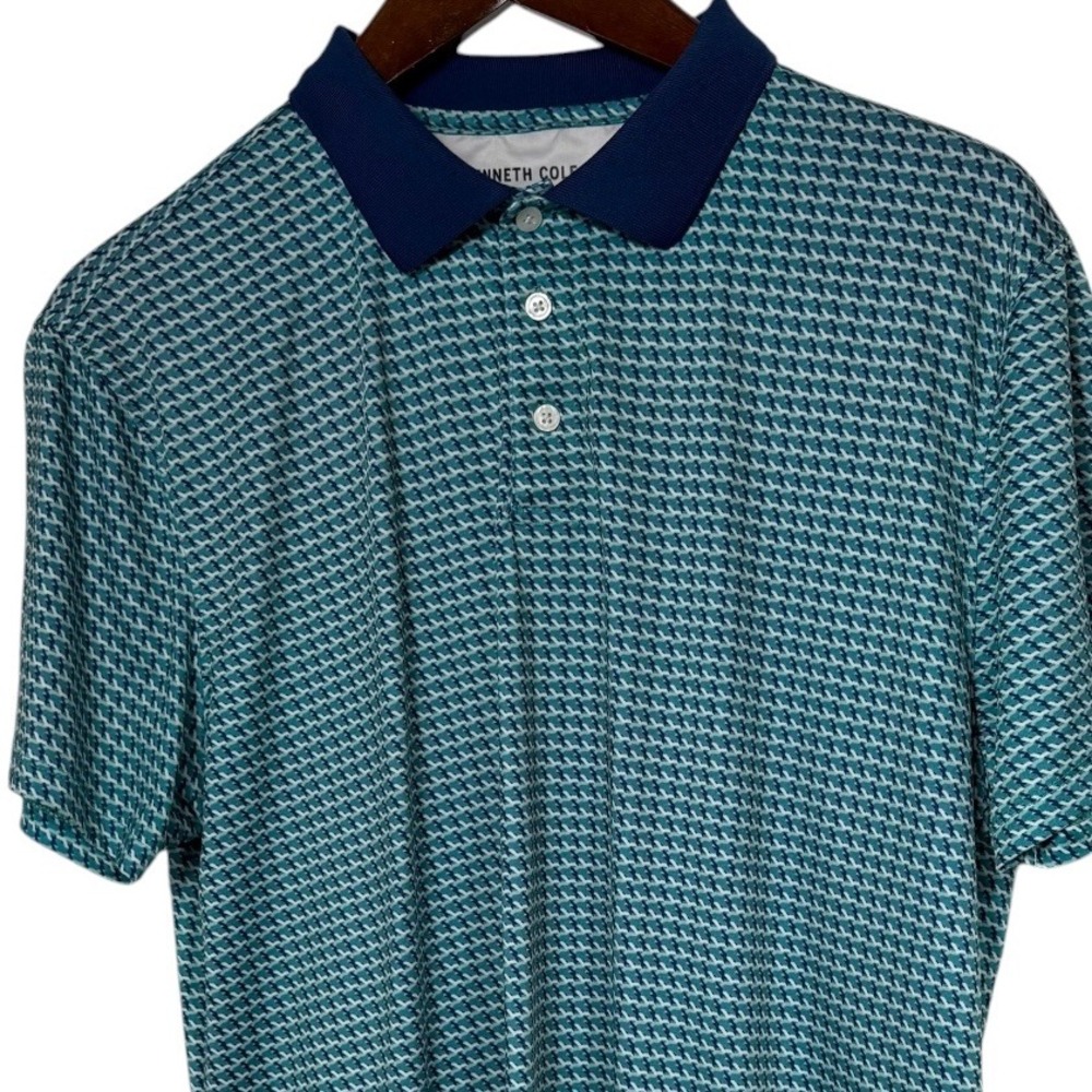 Kenneth Cole Golf Mens Teal Geometric Print Performance Polo Shirt KQ9H11LS8T6 L